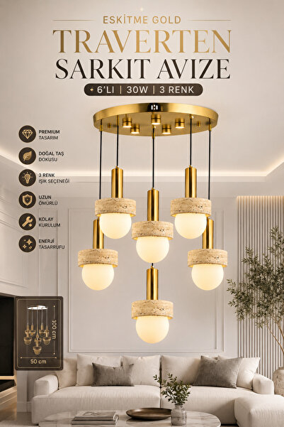 Elvora Home Eskitme (PREMİUM) Gold Traverten Taşlı 6'lı Sarkıt Avize 3 Renk L...