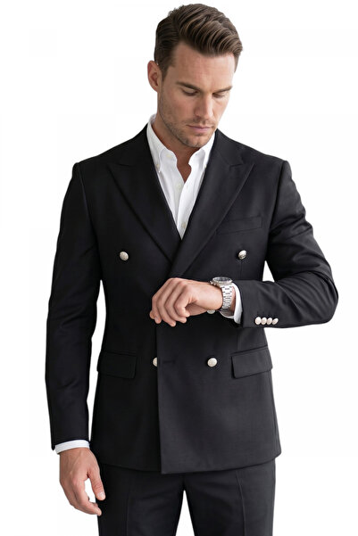 DeepSEA Costum pentru bărbați, negru, slim fit, cu două rânduri de nasturi, c...