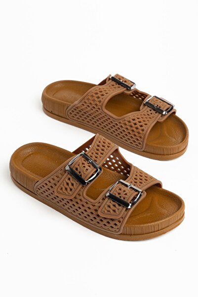 Hayalimdeki Ayakkabı Wilie Women's Tan Rubber Double Buckle Poly Sole Slippers
