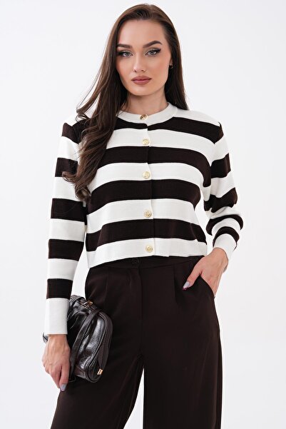 ŞİMAL Women's Striped Patterned Button Closure Knitwear Short Cardigan 260516