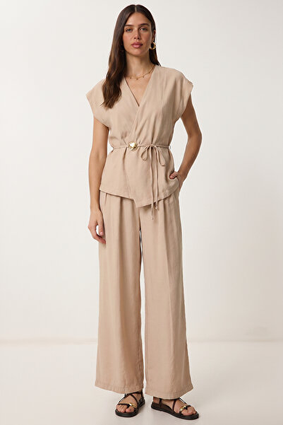 Lovelyİstanbul Gold Buttoned Modal Top and Bottom Set Lub0372 Stone