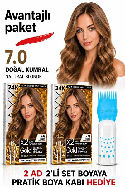 MAXX DELUXE Golden Beauty Set Saç Boyası 7.0 Kumral 2 Li 2 Kutu + Fırça+Prati...
