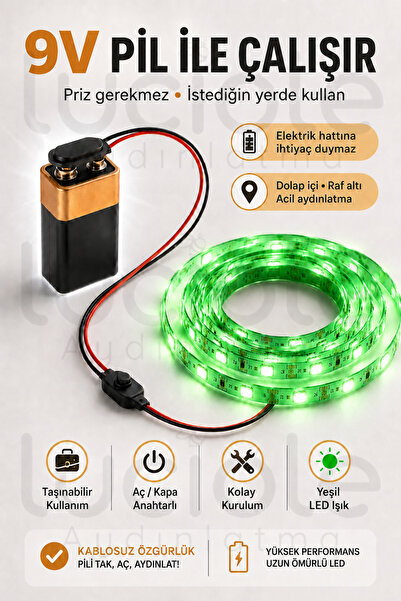 luciole 1 Metre Yeşil 9V Pilli Anahtarlı Şerit LED Set Pil Dahil Prizsiz Yapı...