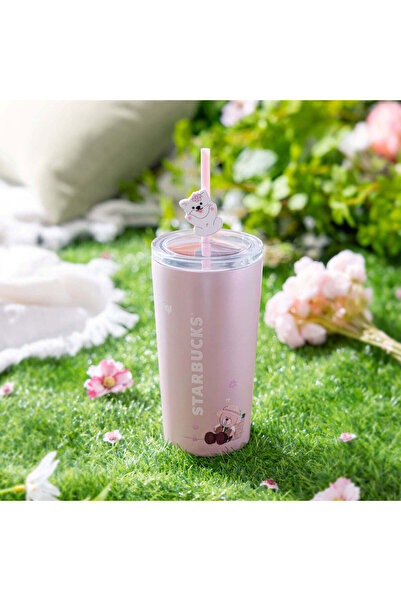 Starbucks ®   كوب وردي للمشروبات الباردة مع غطاء على شكل جرو 20 أونصة 591 مل