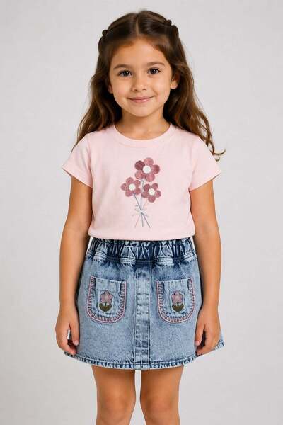 dinamik çocuk Tricou cu broderie florală pentru fete, set de fustă și pantalo...
