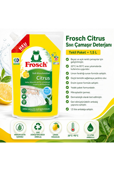 Frosch Beyaz ve Açık Renkli Çamaşırlar İçin Sıvı Deterjan Yedeği Limon Ferahl...