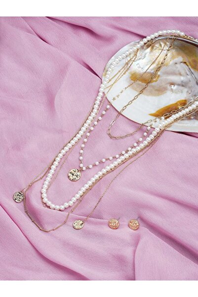 ZAVERI PEARLS سلسلة قلادة عصرية مطلية بالذهب من 5 طبقات مع أقراط من زافيري - ...
