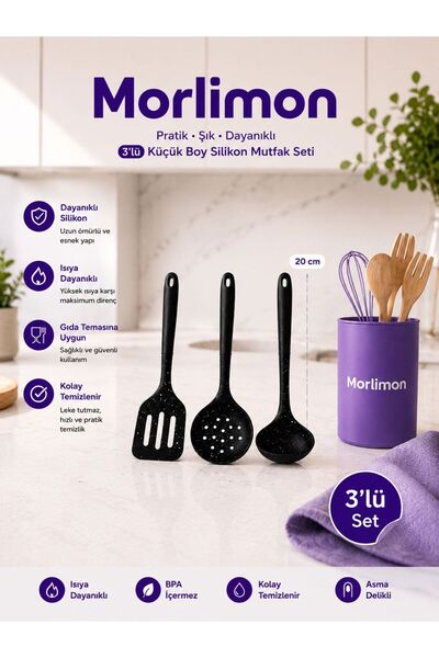 MİKRA 3'LÜ Set 20cm Spatula Isıya Dayanıklı Yanmaz Yapışmaz Silikon KEVGİR-KE...