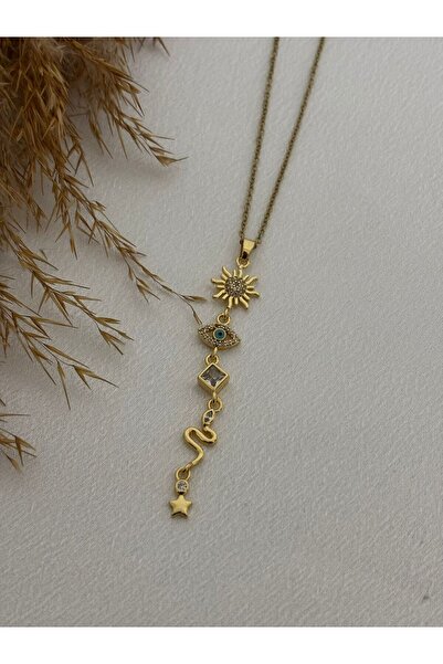 stainless steell Sun / Eye Figure Y Steel Necklace
