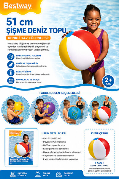 BESTWAY 51 cm Şişme Deniz Topu | Çocuk ve Yetişkinler İçin Havuz & Plaj Topu
