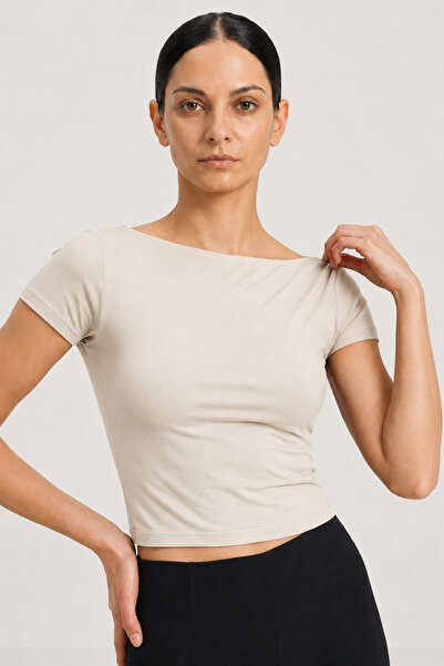 IPERIA Kayık Yaka Basic Ultra Soft Kısa Kol Body Taş
