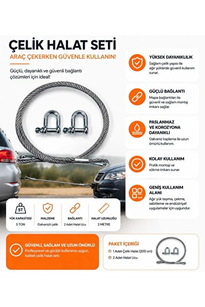 BCT STORE Araç Çekme Halatı Her İki Ucu MAKİNE PRESLİ RADANSALLI 2 Metre 5 T ...