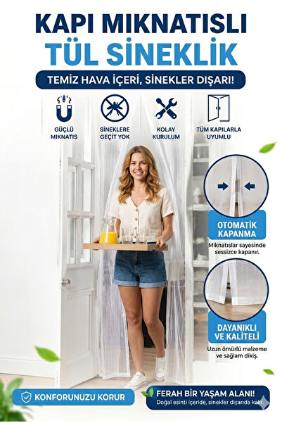 Primeaks Mıknatıslı Tül Sineklik 105x205 cm | Kendiliğinden Açılıp Kapanan Ka...