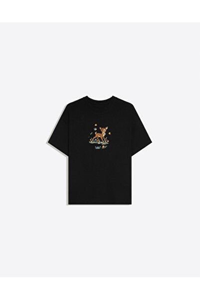 Disante Little Deer Printed Crew Neck Oversize Trendy Women's T-Shirt