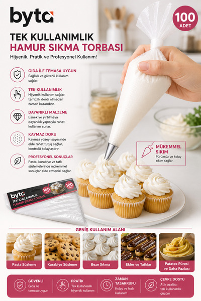 BYTA Disposable Cream Piping Bag 100 Pieces – Cake, Cookie, and Dessert Decorating Bag