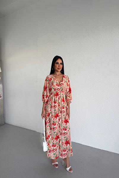 LİLA İSTANBUL Double-breasted Collar Floral Patterned Summer Dress