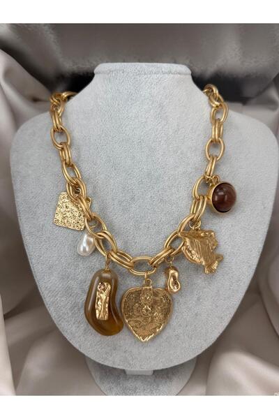 ZS Aksesuar Gold Color Charm Detailed Thick Chain Necklace with Heart and Pea...