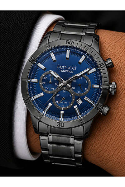 Ferrucci Men's Wristwatch Steel Band Smoked Color Function Calendar Gift Boxed