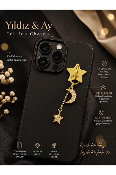 ZZ 3001 Premium Zirkon Taşlı Ay ve Yıldız Figürlü Lüks Telefon Charmi - Altın...