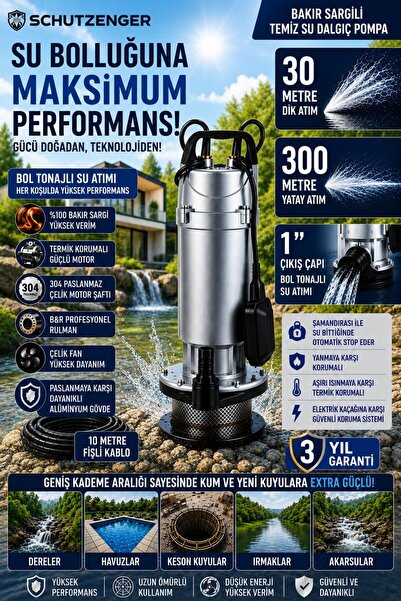 SCHUTZENGER DRC 1200 BAKIR SARGILI TEMİZ SU DALGIÇ POMPA 3.5 Hq 30 Mt DİK ATI...