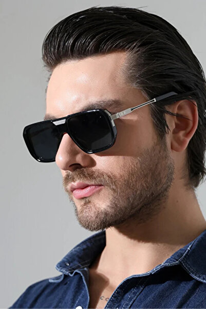 Violon Men's Black Metal Detail Frame Black Glass Sunglasses