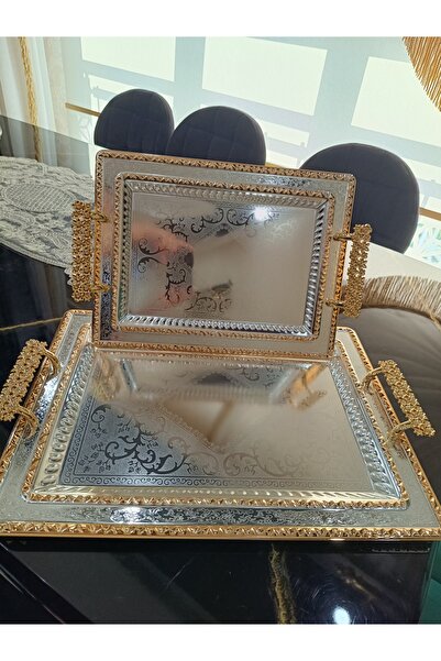DEKOR ZÜCCACİYE HOME 2-Piece Silver Gold Detailed Tea Tray