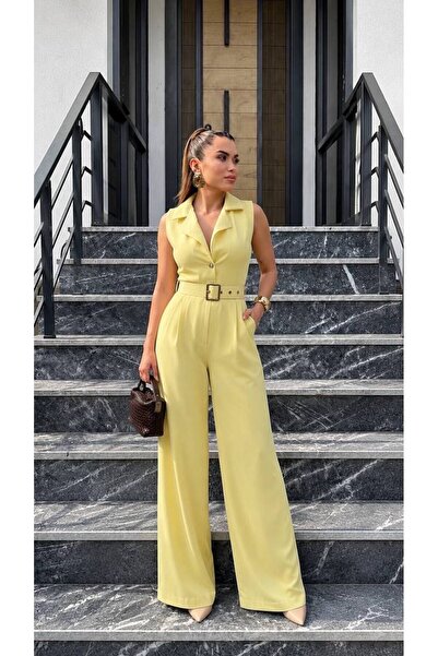 mafdress Kadın Sarı Sıfır Kol Kruvaze Yaka Kemerli Tulum