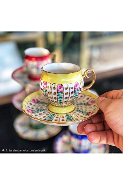 BY.RAYKA PORSELEN El Dekor Perviz Porcelain Hand-Painted 6-Piece Cup Set