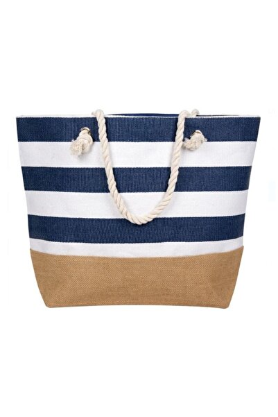 JMB White Straw Bag with Blue Stripes for the Beach 56x15x43cm