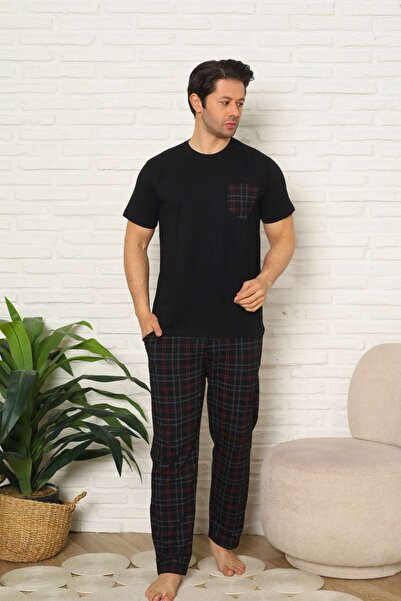 ALİMER Men's Pajama Set - Black Checkered Short Sleeve Combed Cotton 1223Ky