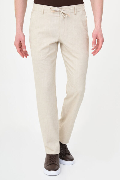 Mcr Striped Slim Fit Elastic Waist Drawstring Men's Trousers Beige - 38375.26Y
