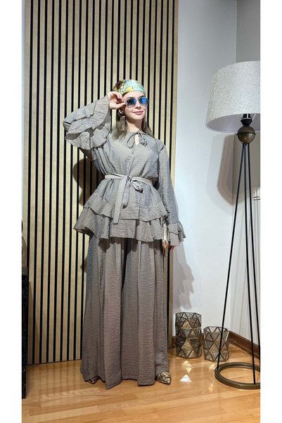 Cardella Women's Elara Voile Fabric Pants Suit |   Belted, Draped Hijab Set with Flywheel Detail