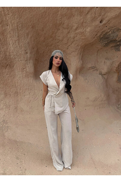 kırmızı butiks Beige Side-Tie Linen Suit