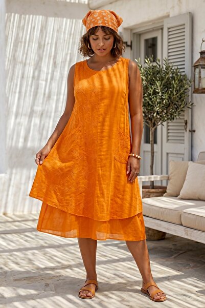 Chiccy Orange Pool Collar Sleeveless Pocketed Lined Embroidered Washable Casu...