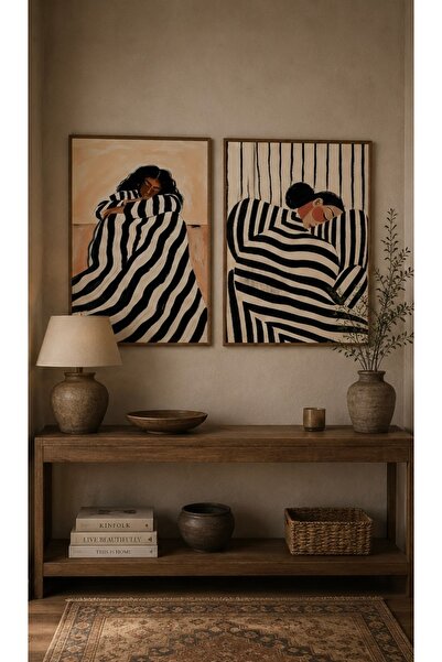 Boho wellness studio Stripe Embrace Ahşap Çerçeveli Modern Sanat Tablo Seti