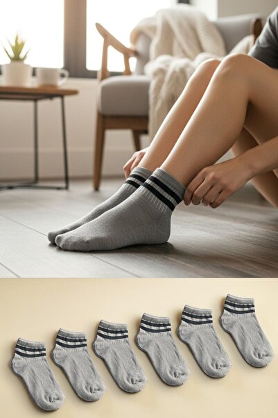 Socks Stores 6 أزواج من الجوارب القطنية المخططة باللون الرمادي للسيدات