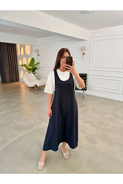 Elif Özbey Butik Lacivert Tshirt Detaylı Salaş İkili Elbise Takım