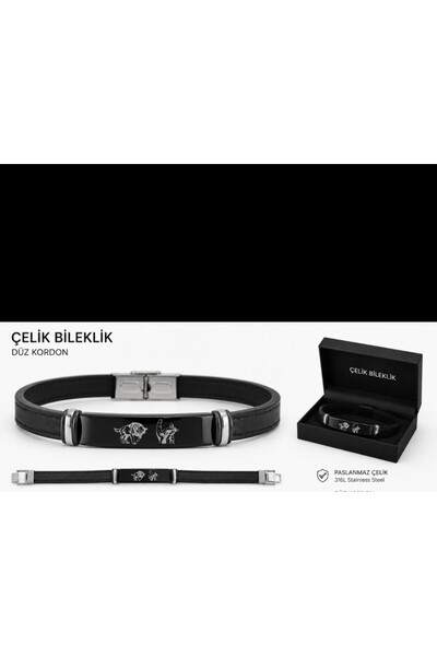Yürüyen bozkurt ve el işareti bozkurt işlemeli celik bileklik