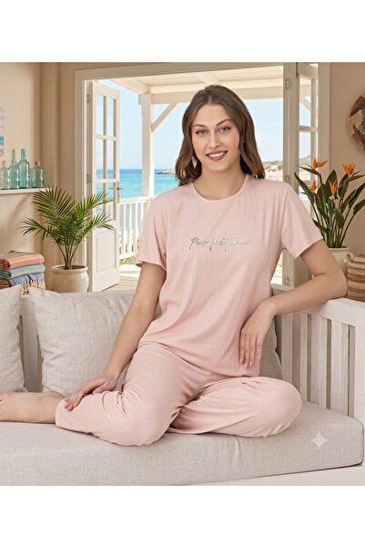 İpek Women's Short Sleeve Long Crew Neck Ribbed Summer Themed Pajama Set
