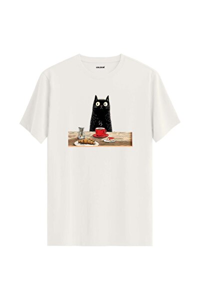 Colermi Breakfasting Black Cat Design T-Shirt