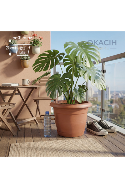 okacih Klasik Yuvarlak Saksı 12.5 Lt - Ev, Ofis ve Balkon İçin Kiremit Renk S...