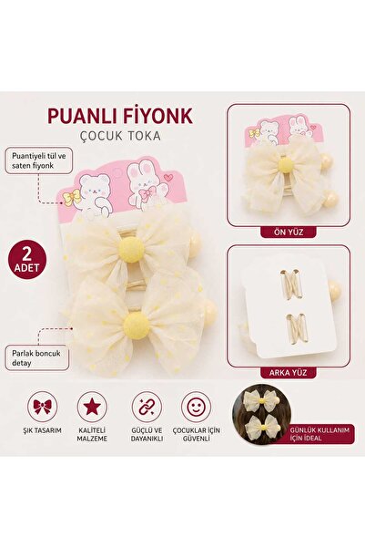 PeriMila Kız Çocuk Tül Puantiyeli Boncuklu Fiyonk Lastik Toka 2li Set