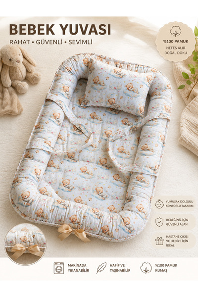 Luna Baby & Kids Ayıcık Desenli Bebek Yuvası Baby Nest %100 Pamuk Yıkanabilir