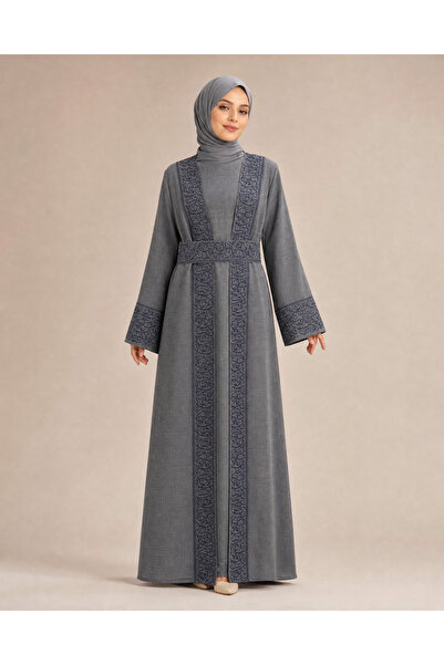 Safir Nakış İşlemeli Kuşaklı İçlikli Tesettür Abaya