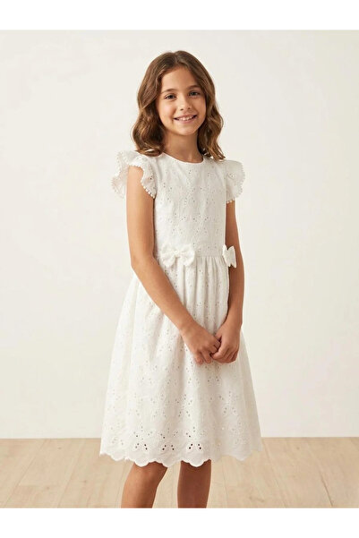 kidstalya Back-Tie White Midi Length Scallop Dress for Girls