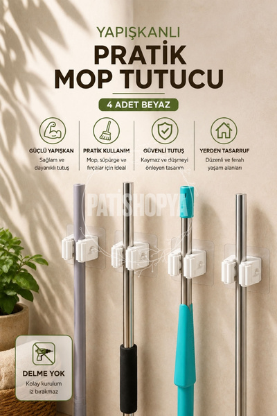 PATİSHOPYA Yapışkanlı Mop Tutucu 4 Adet Beyaz Duvar Askısı Süpürge Fırça Pasp...
