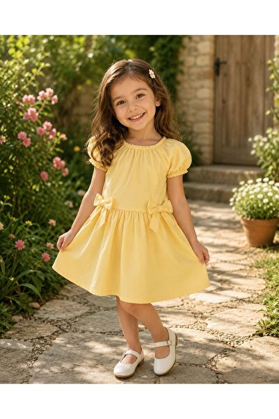 Kuzucuk Kids Bebek Çocuk Butik Kız Çocuk Sarı Renk fiyonklu Elbise -Şık rahat...