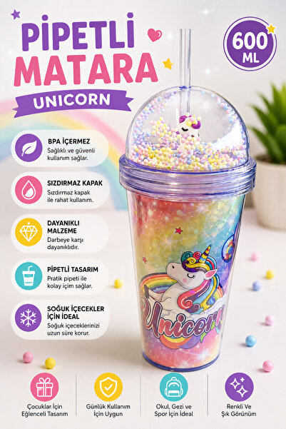 Funny Life Lively Unicorn Pipetli ve Çift Katmanlı Mika Çocuk Bardağı 600 ml