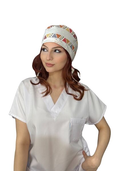 ÇİMEN BUTİK Pamuklu Poplin Cerrahi Ve Aşçı Bone Yeşil Etnik Desenli