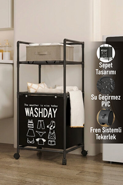 Trend Maison Çamaşır Sepeti ve Düzenleyici Raf Ünitesi Tekerlekli Metal Gövde...